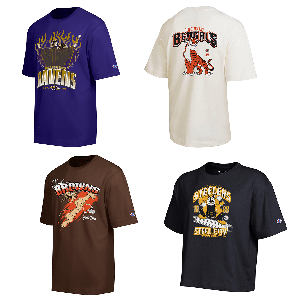 Image shows apparel for AFC North teams, as described below.