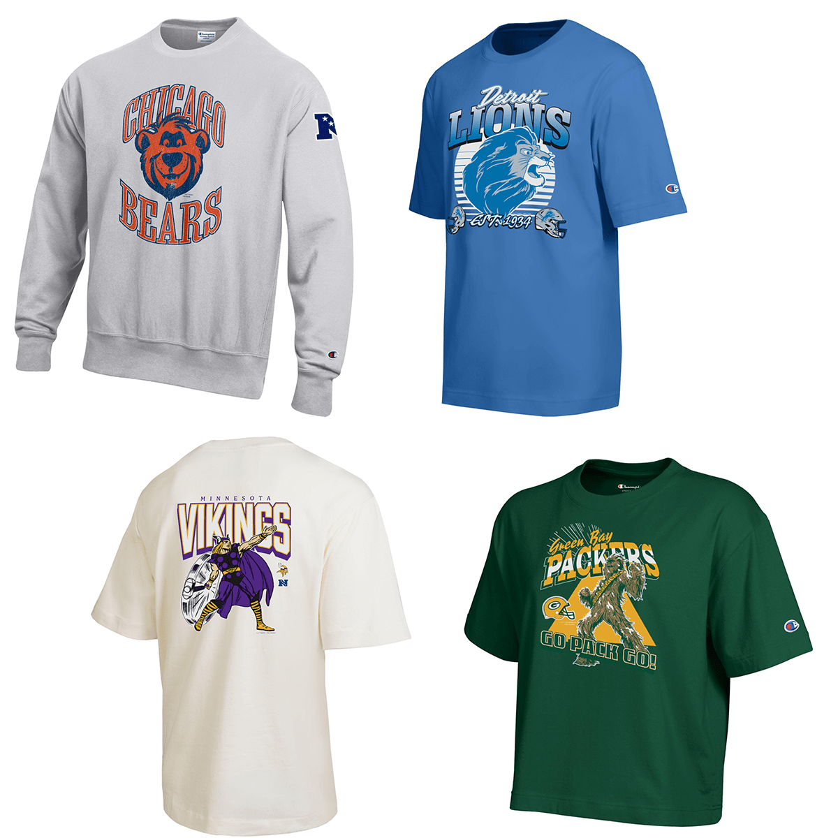 Image shows apparel for NFC North teams, as described below.
