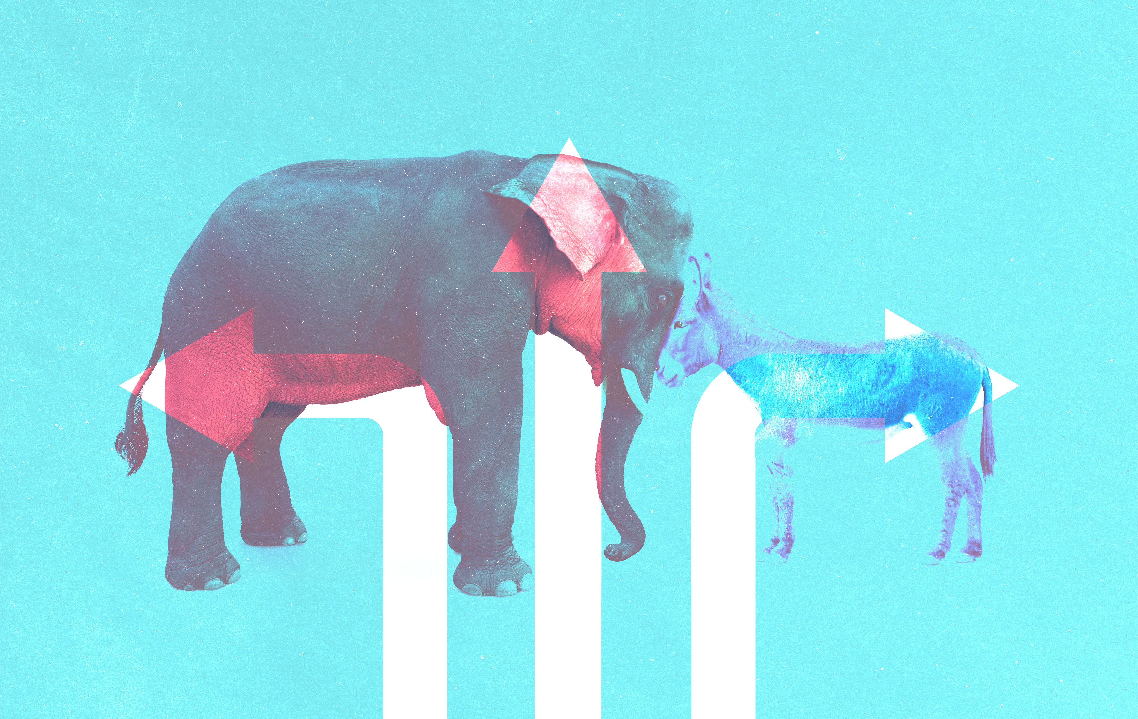 An elephant wearing red fabric and a small colorful dog wearing blue and purple stand face-to-face on white vertical pillars against a bright turquoise background, with geometric shapes adorning their heads.