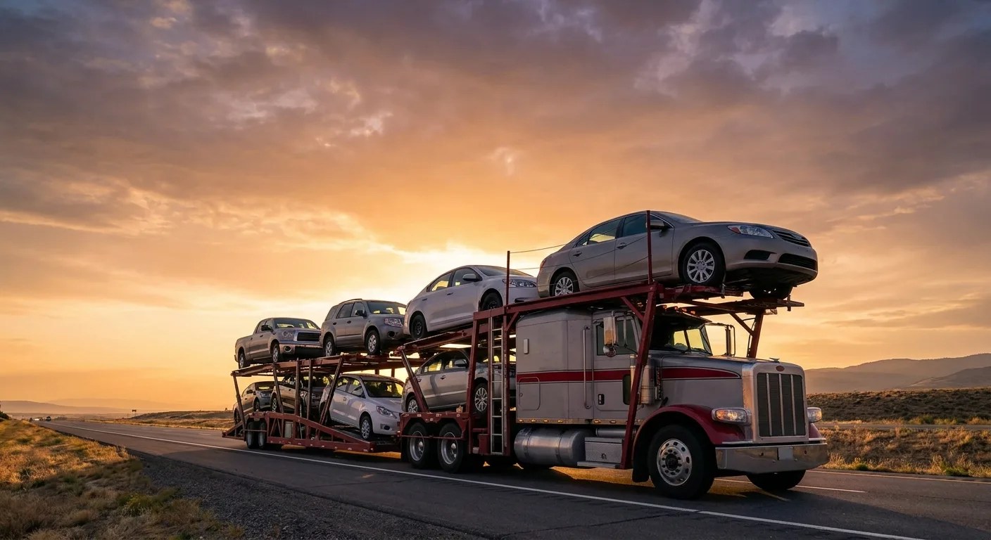 Open car carrier transporting vehicles on a highway at sunset
