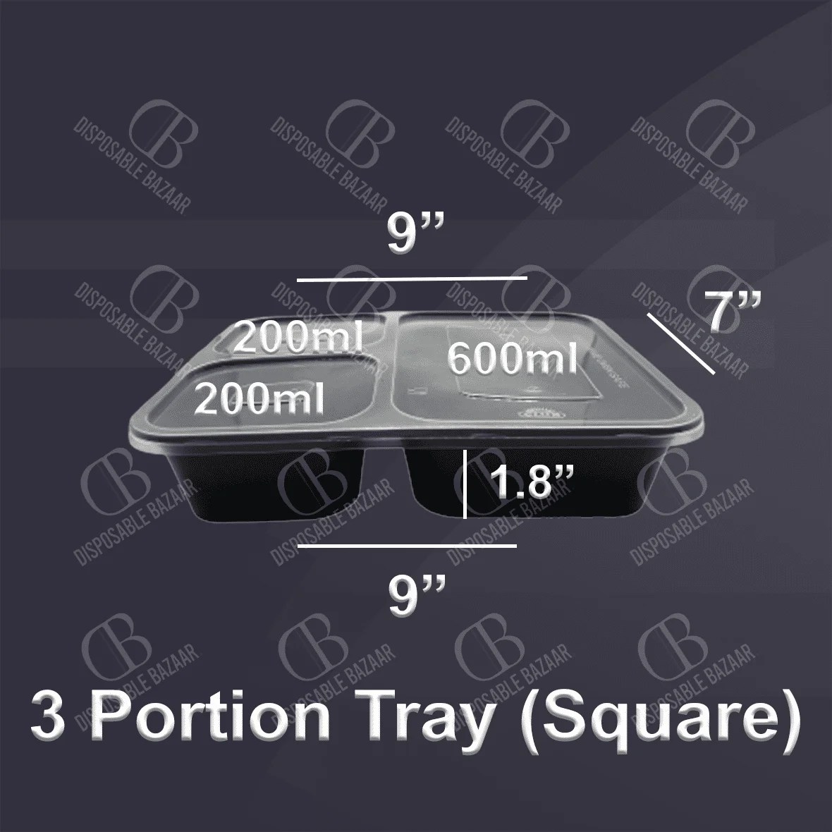Plastic Container Black - 3 Portion Tray (Square)