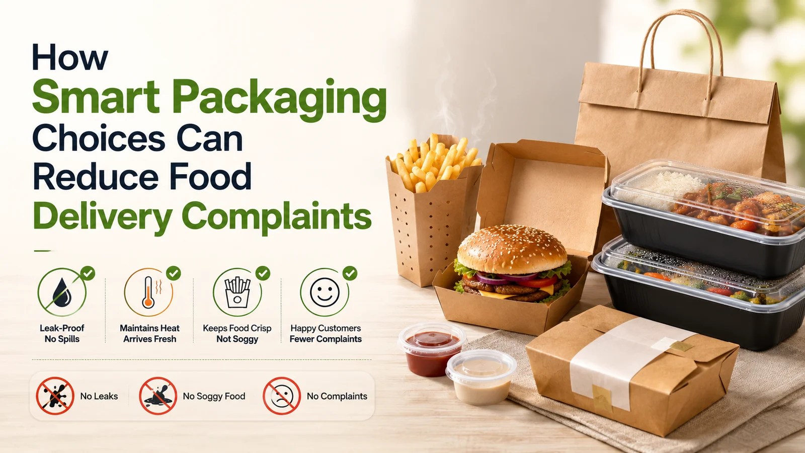 Image showcasing various food packaging solutions emphasizing the benefits of smart packaging choices. Featured items include a hamburger, fries, and containers for rice and vegetables. Text highlights how effective packaging can prevent leaks, maintain heat, keep food crisp, and lead to happier customers with fewer complaints.
