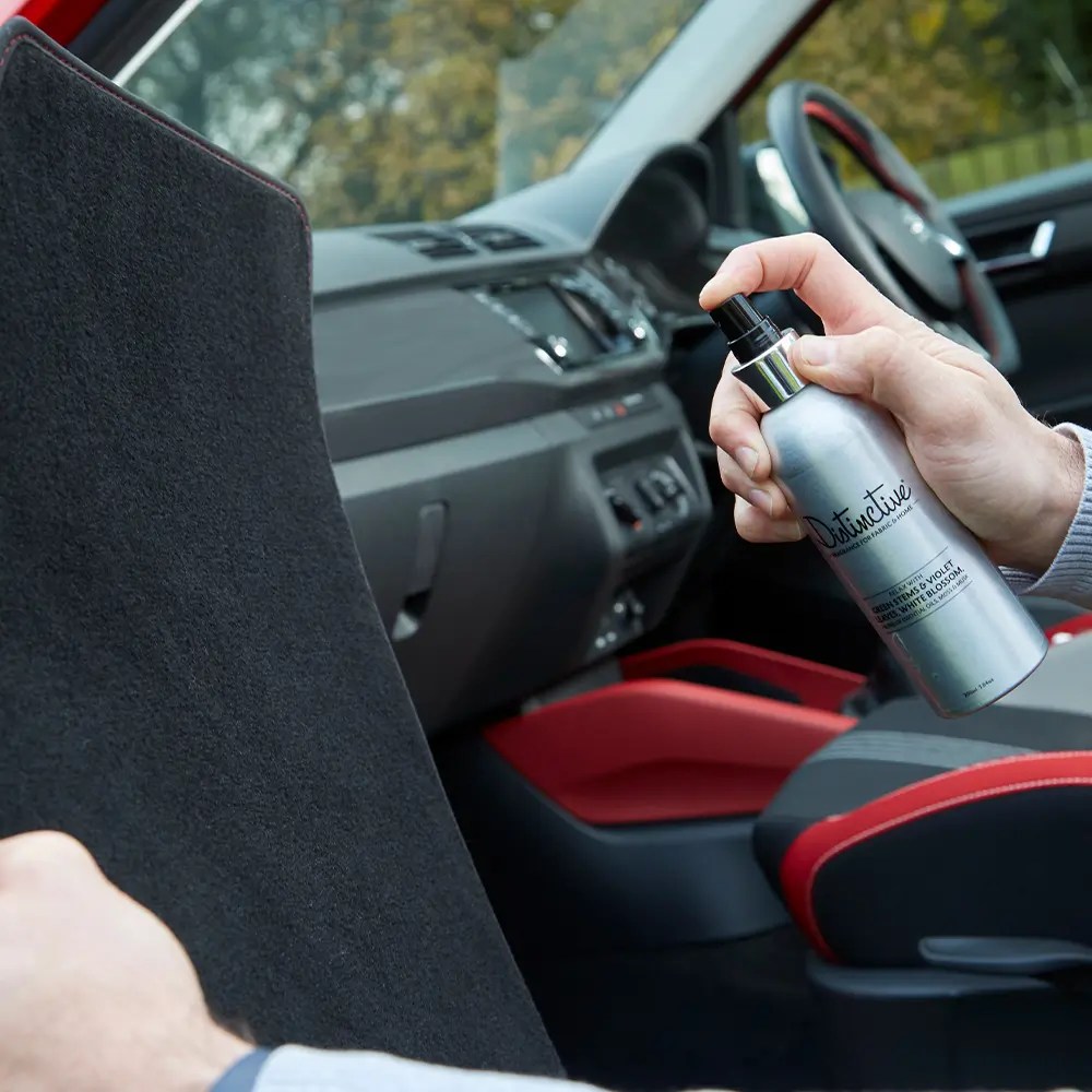 Distinctive fabric and room spray can be used to deodorise car upholstery