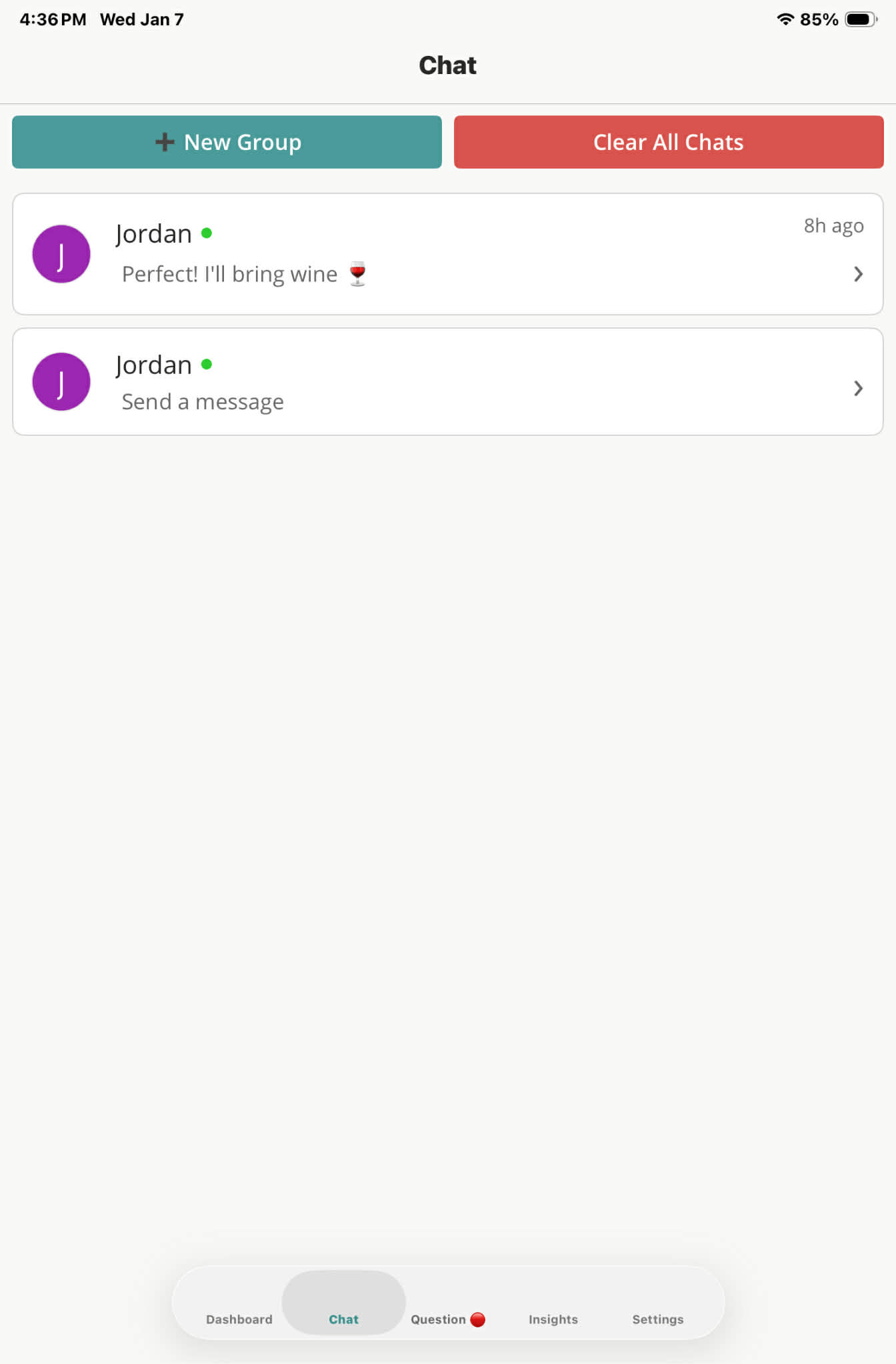 Chat conversation list showing recent messages with partners