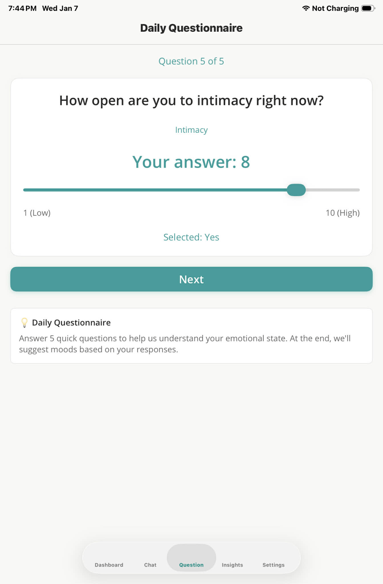Daily questionnaire with slider question asking about intimacy openness