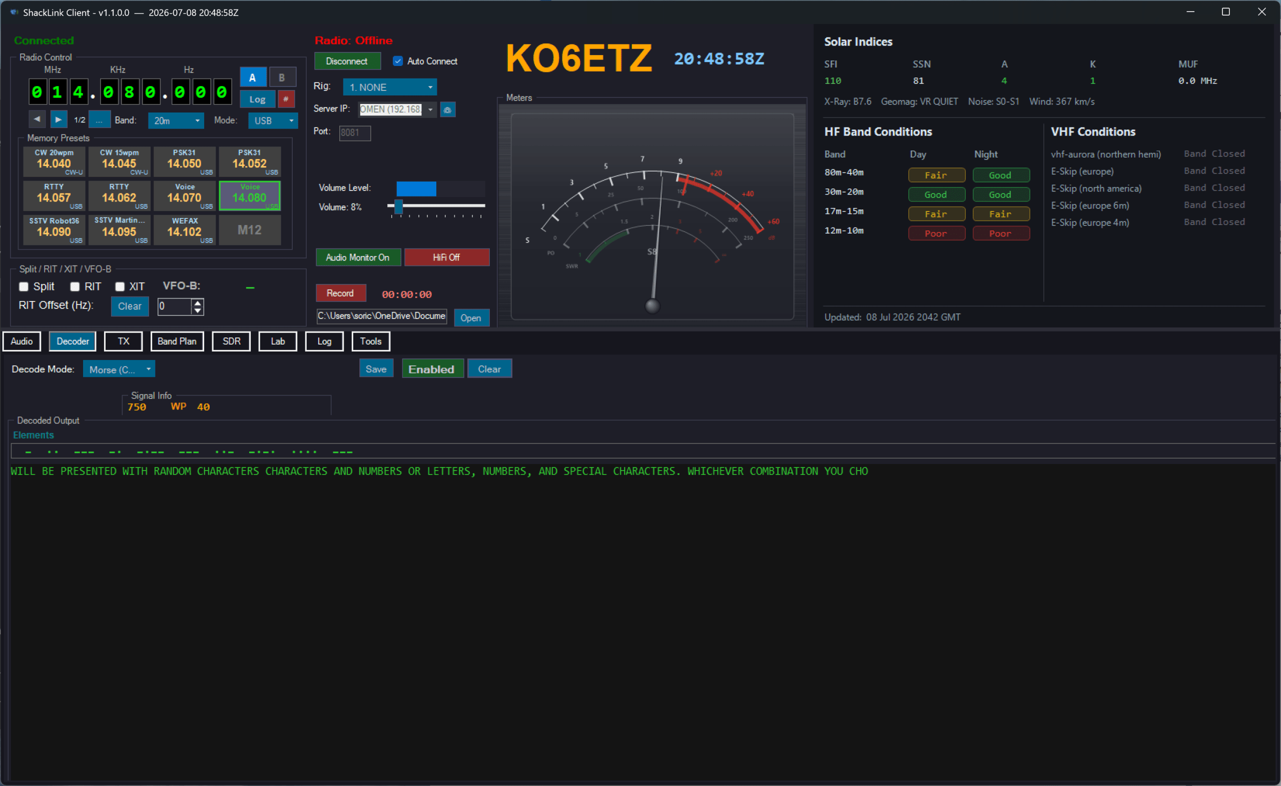 Decoder tab decoding Morse / CW