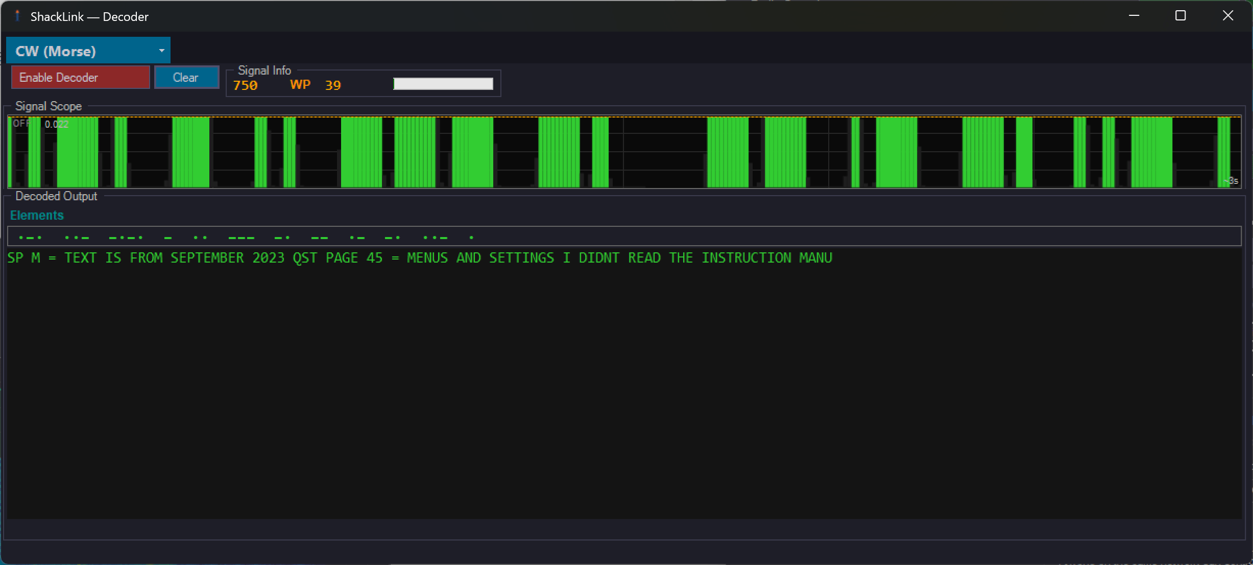 Decoder popout decoding CW