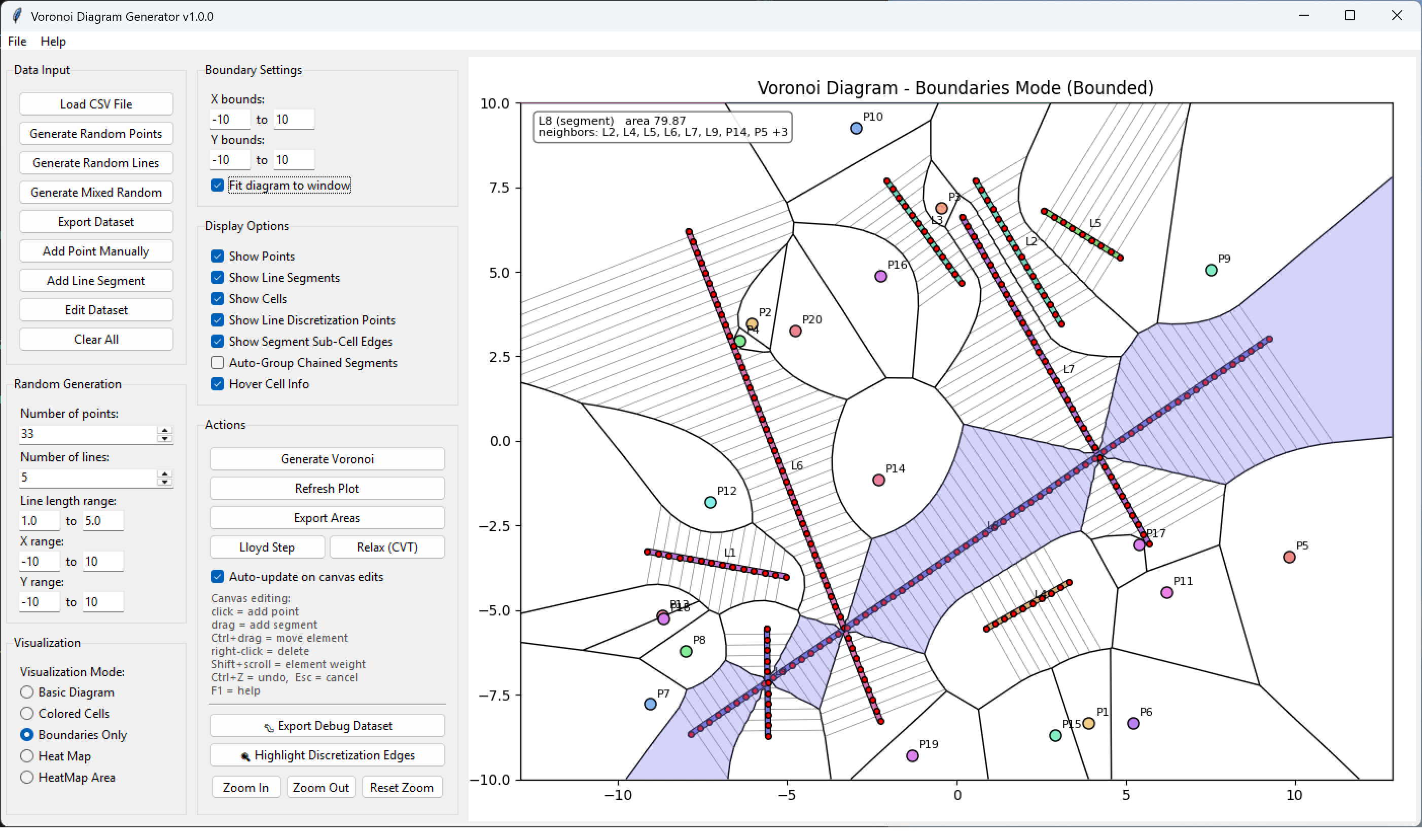 The same application in boundaries mode with line discretization points and segment sub-cell edges exposed, showing how a segment's cell is assembled, with a hover card reporting a segment cell's area and its eleven neighbours.