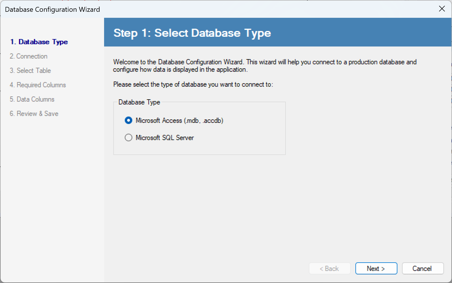 Wizard step one, choosing between a Microsoft Access file and a SQL Server connection.