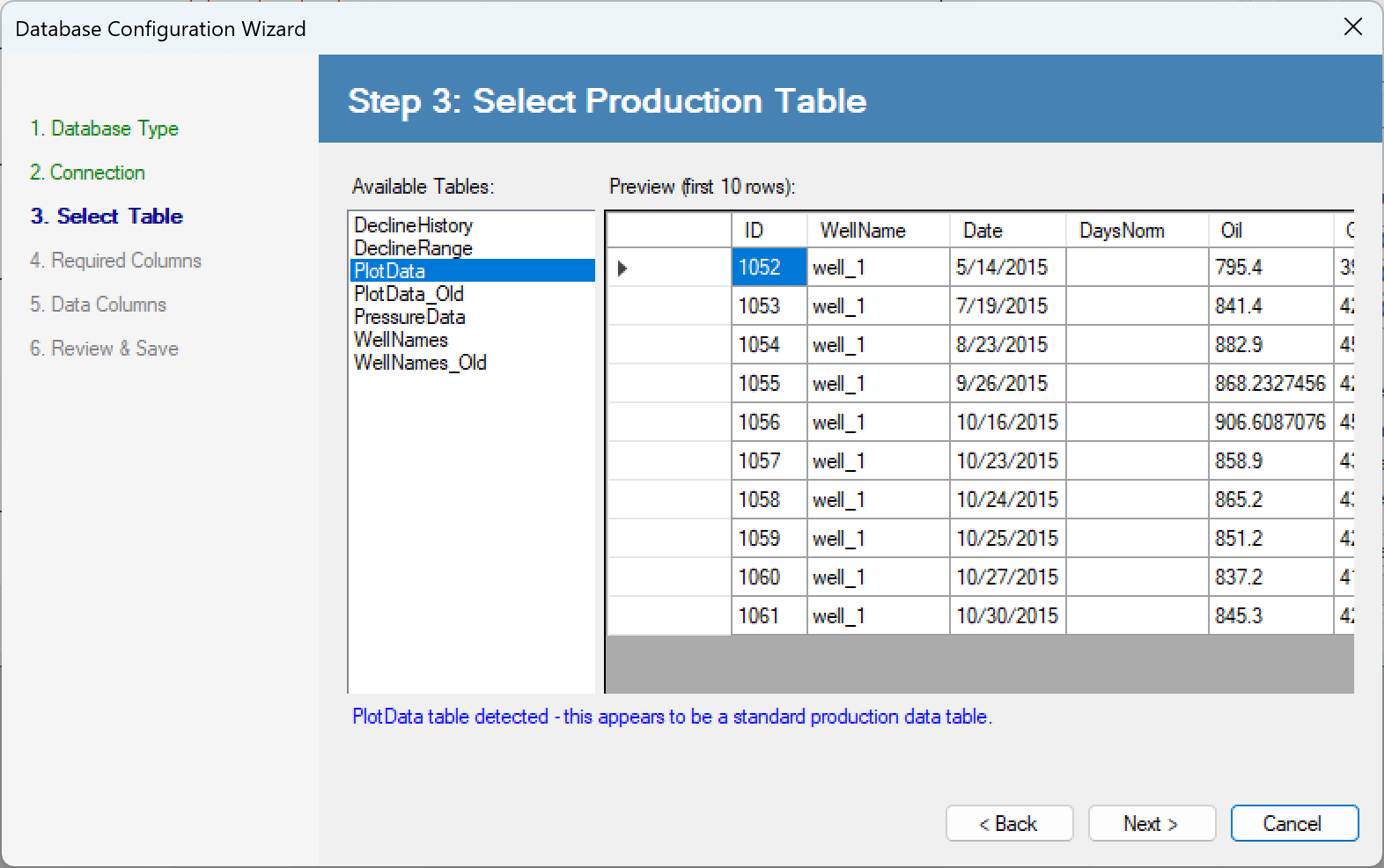 Wizard step three listing the tables found in the database with a ten-row preview of the selected one, and a note reporting that a standard production data table was detected automatically.