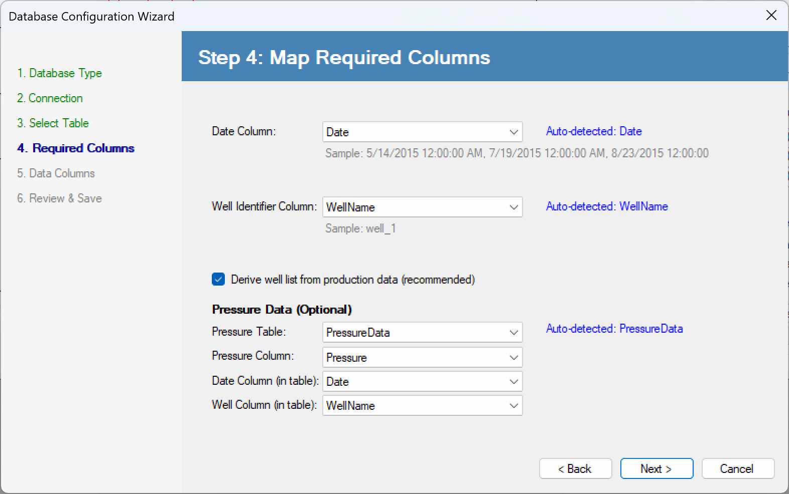 Wizard step four mapping the date, well-identifier and optional pressure columns, each annotated with the value the application auto-detected.