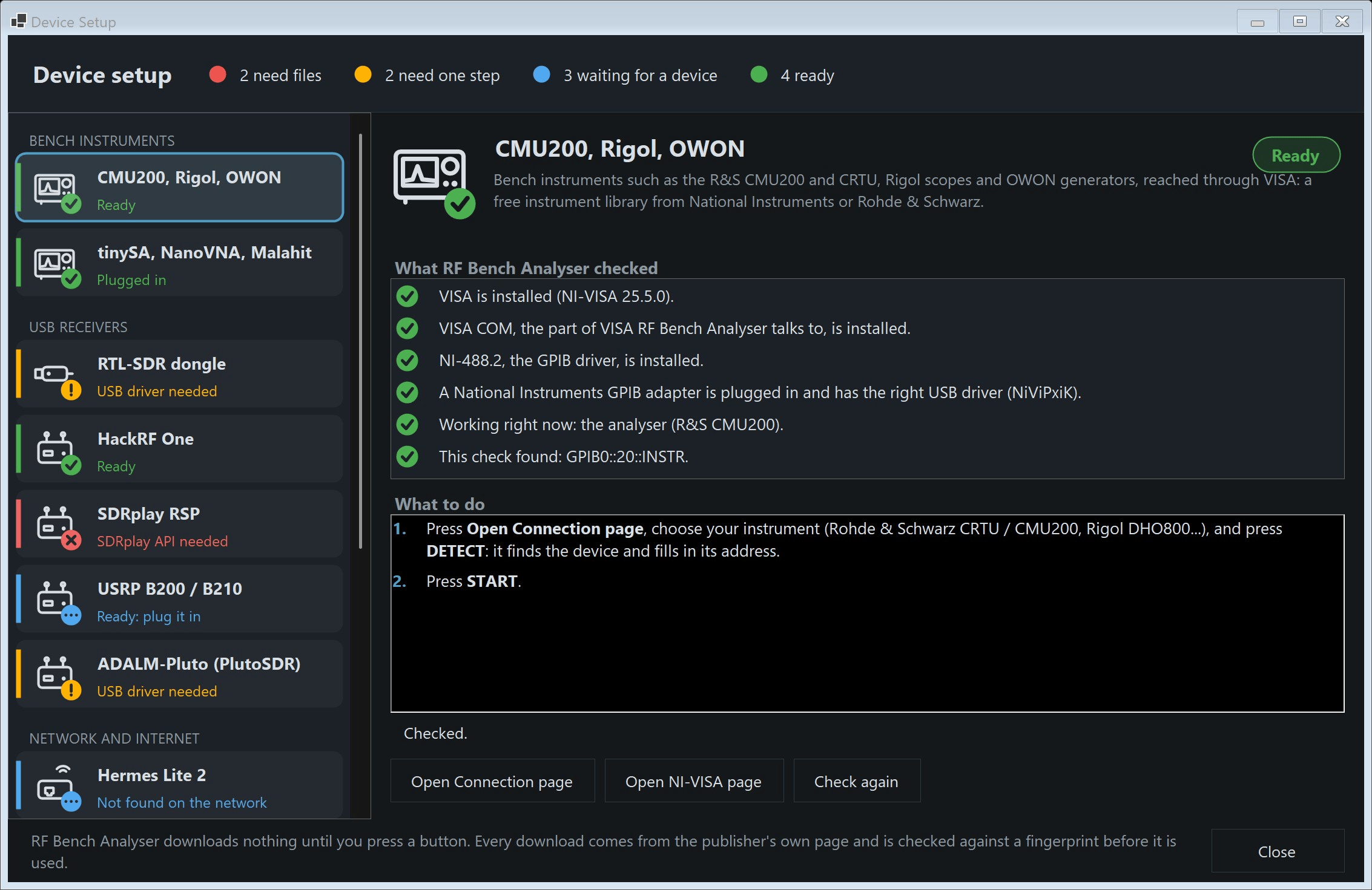 Device Setup: one card per kind of instrument, each saying whether this PC is ready for it and what to do next