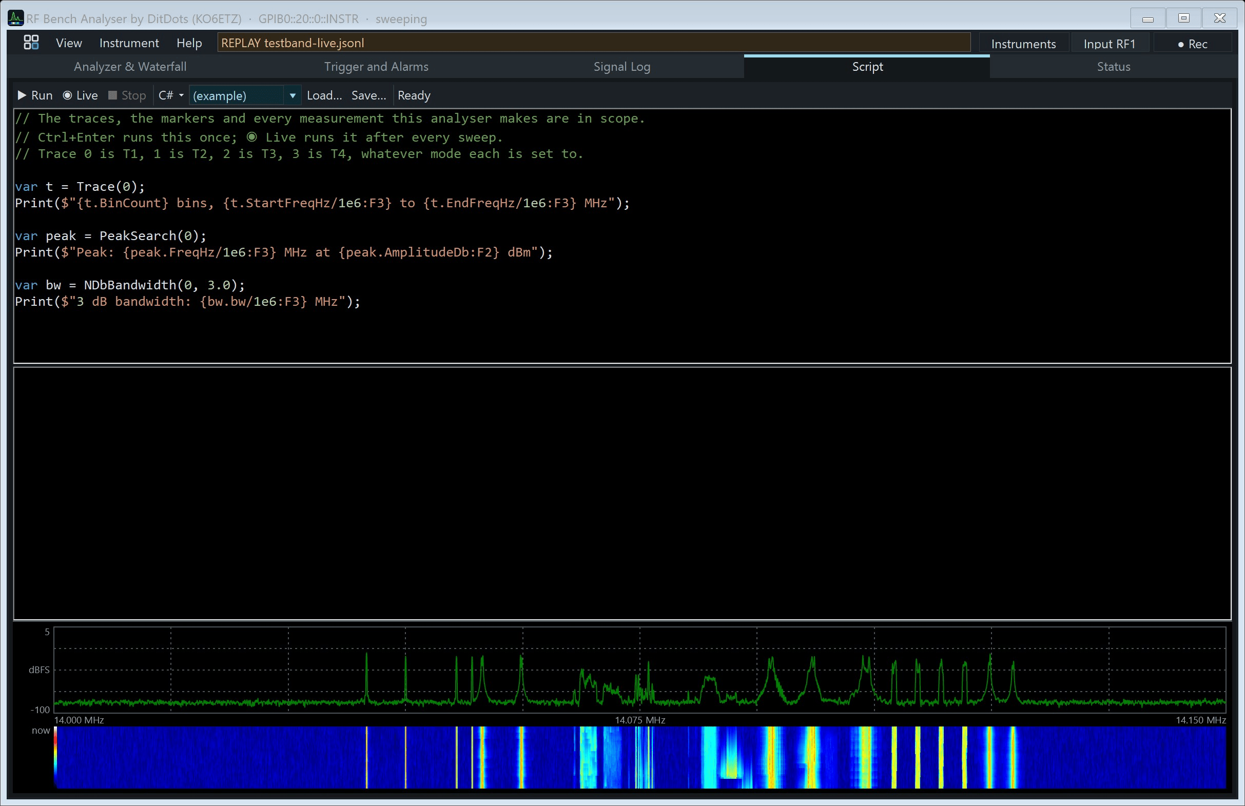 The scripting page with a script that reads the traces and measures the peak and 3 dB bandwidth
