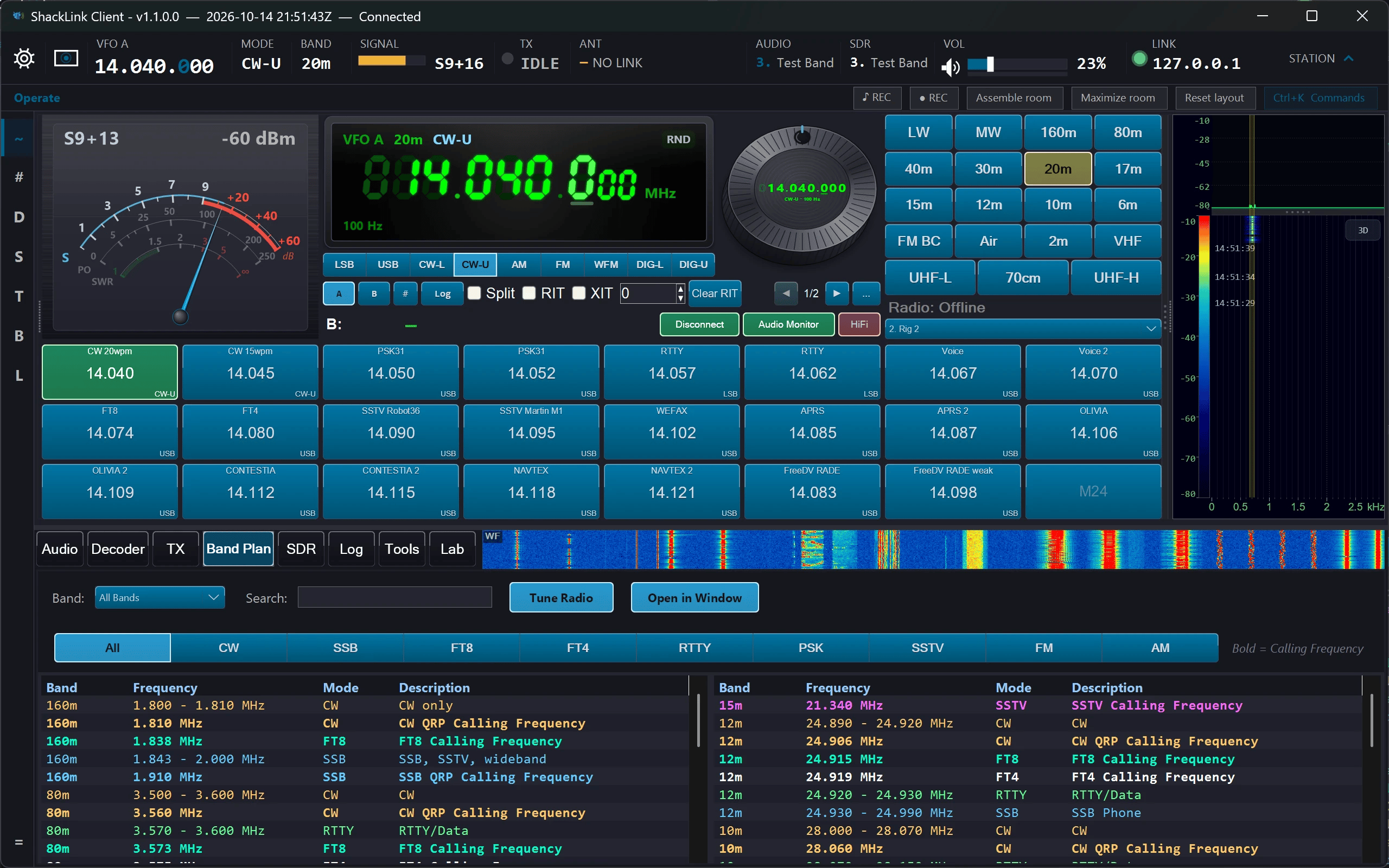 Band Plan tab with the virtual tuning knob