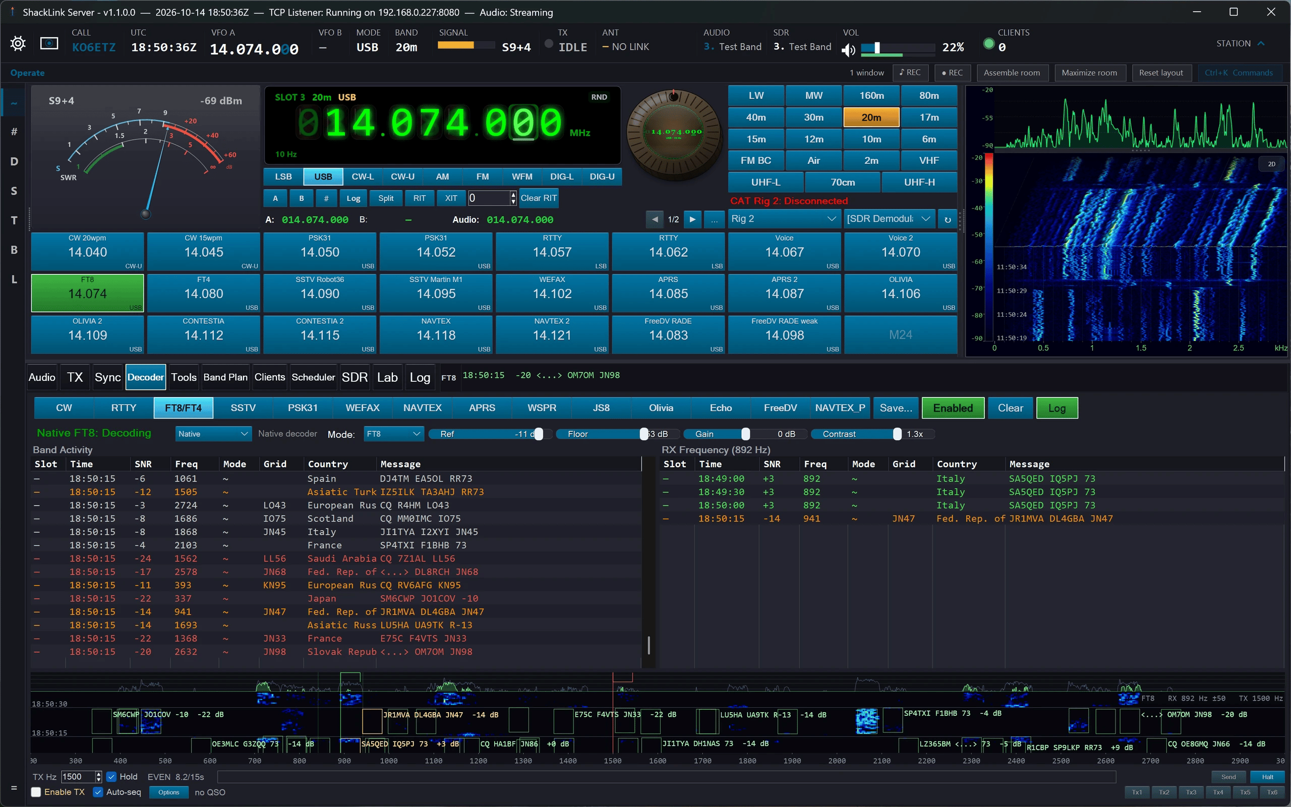 Decoder tab on FT8 with the wide graph and QSO console