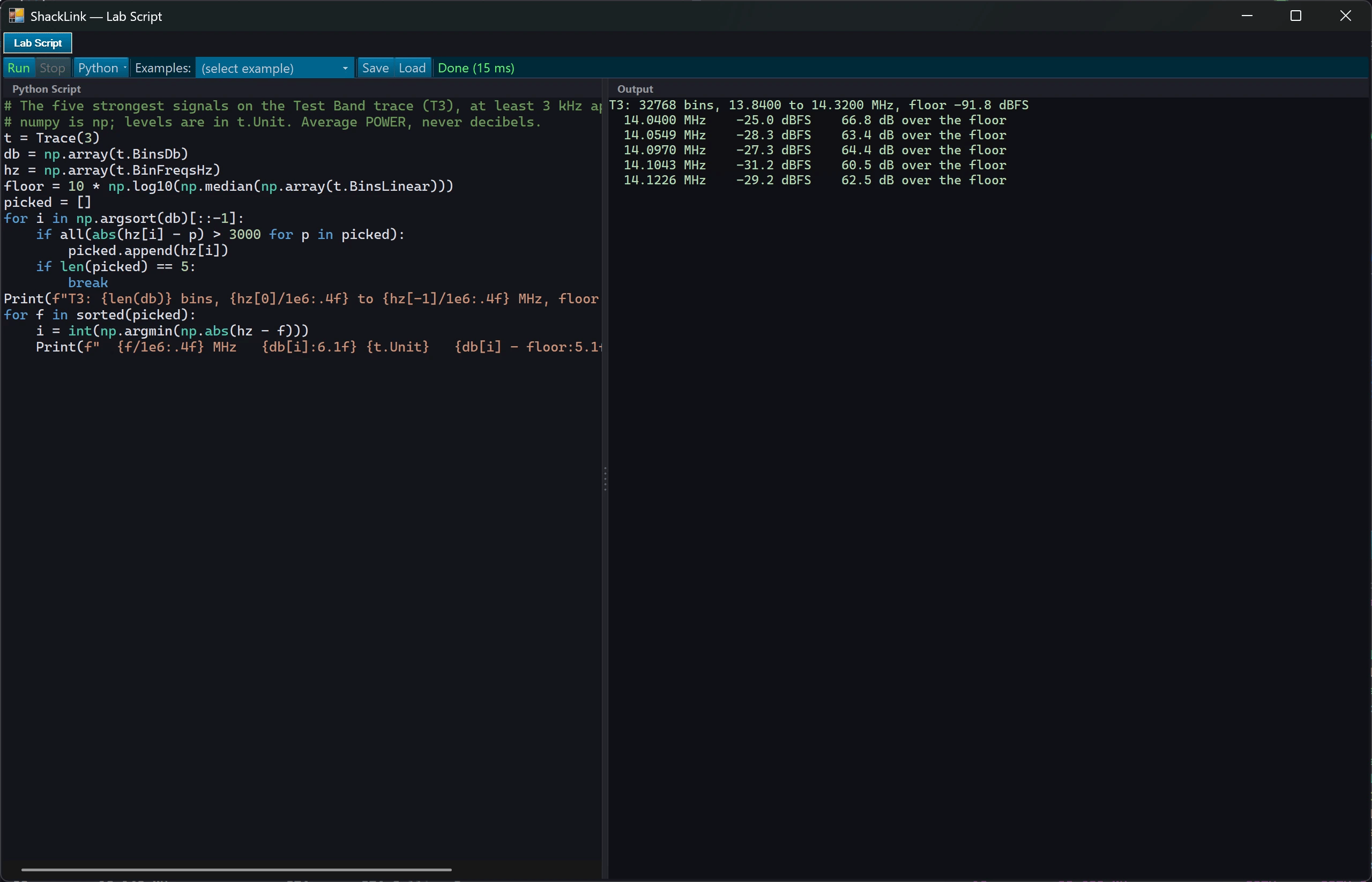 Lab script editor running a Python script