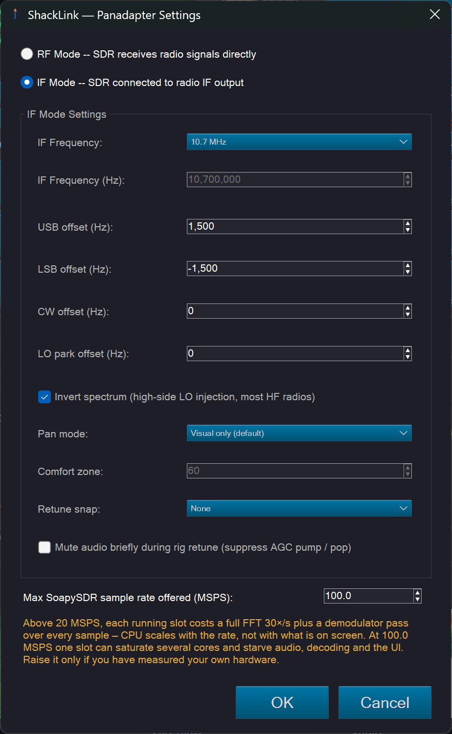 Panadapter Settings dialog