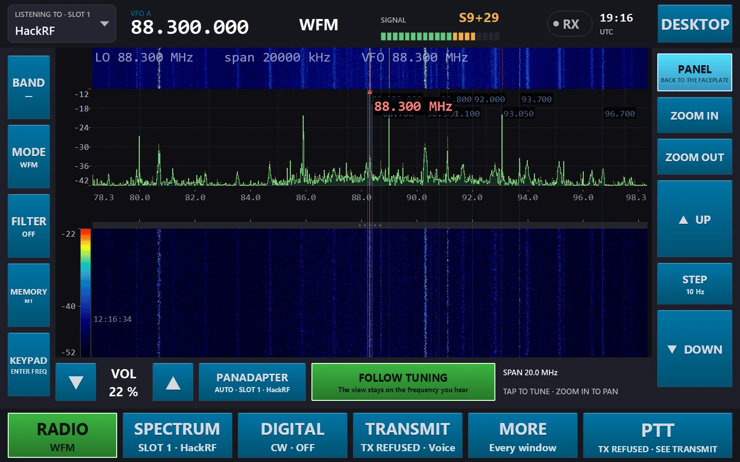 Touch mode RADIO page with the large waterfall