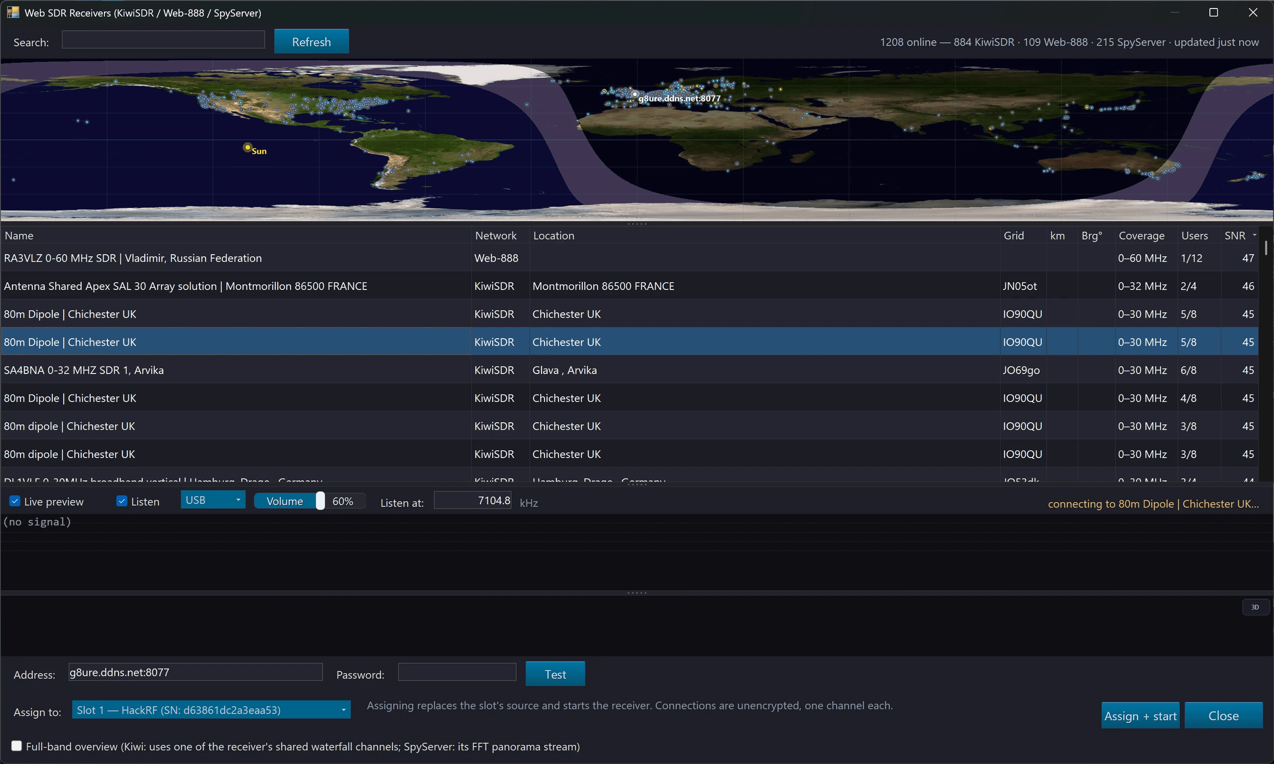Web receiver browser with world map