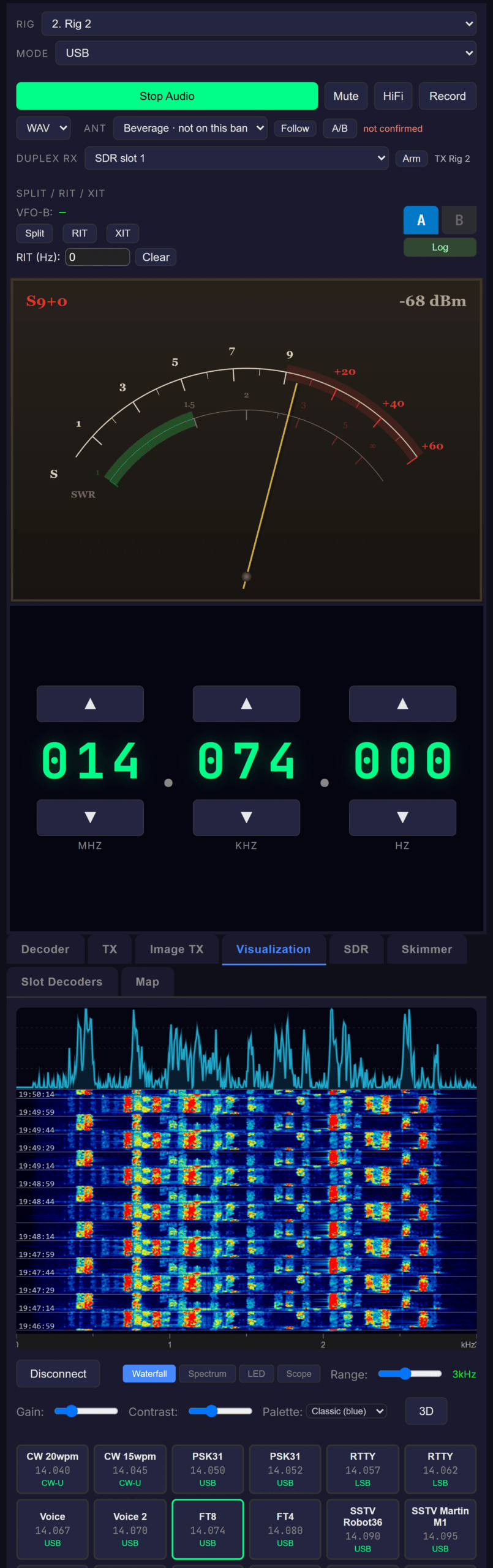 Web client audio spectrum and waterfall