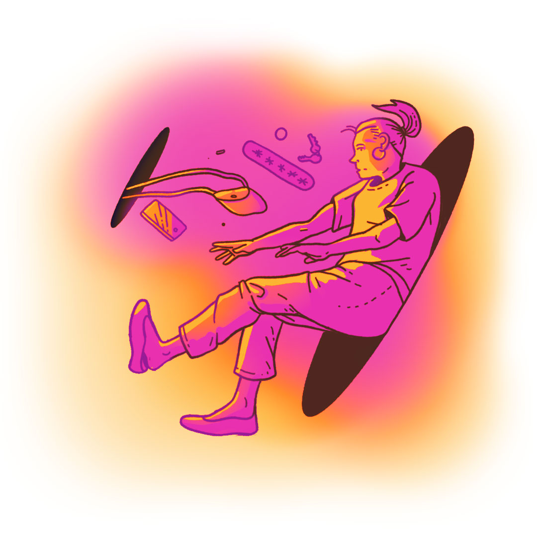 tech Illustration of person using being sucked between two dimensions