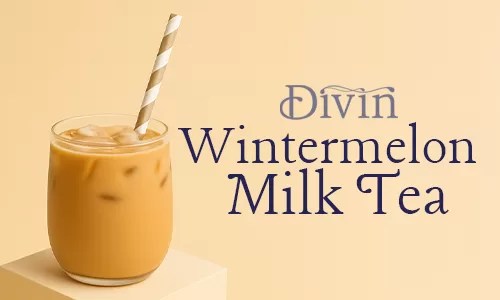 A glass of iced wintermelon milk tea with a paper straw on a podium beside the text “Divin Wintermelon Milk Tea” highlighting A Fresh New Way to Create Your Favorite Wintermelon Milk Tea Recipe.