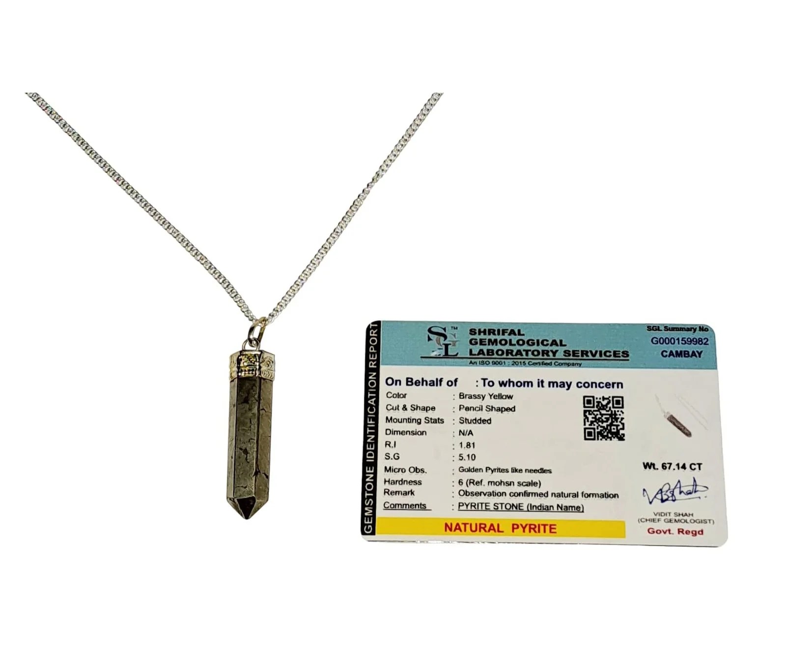 Divinity Healing Original Pyrite Pencil Certified Unisex Locket Pendant with Chain for Will Power Manifestation and Financial Abundance