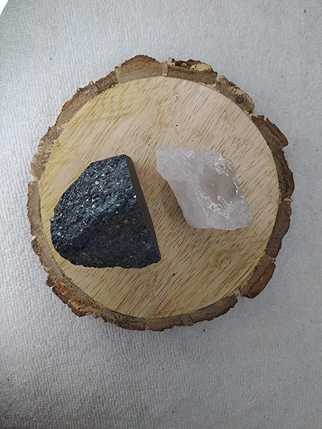 Divinity Healing Hematite and Clear Quartz AAA Grade Raw Natural Crystal Combo with Wooden Natural Bark Coaster for Healing, Meditation and Manifestation Natural Healing Crystals Abundance Stones