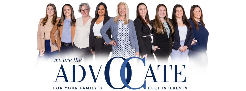 A group of ten women stand side by side, smiling, dressed in professional business attire. Below them, large text reads, “We are the ADVOCATE for your family’s best interests,” with emphasis on the word "ADVOCATE. For more details, visit the Divorce Squad website at divorcesquad.com.