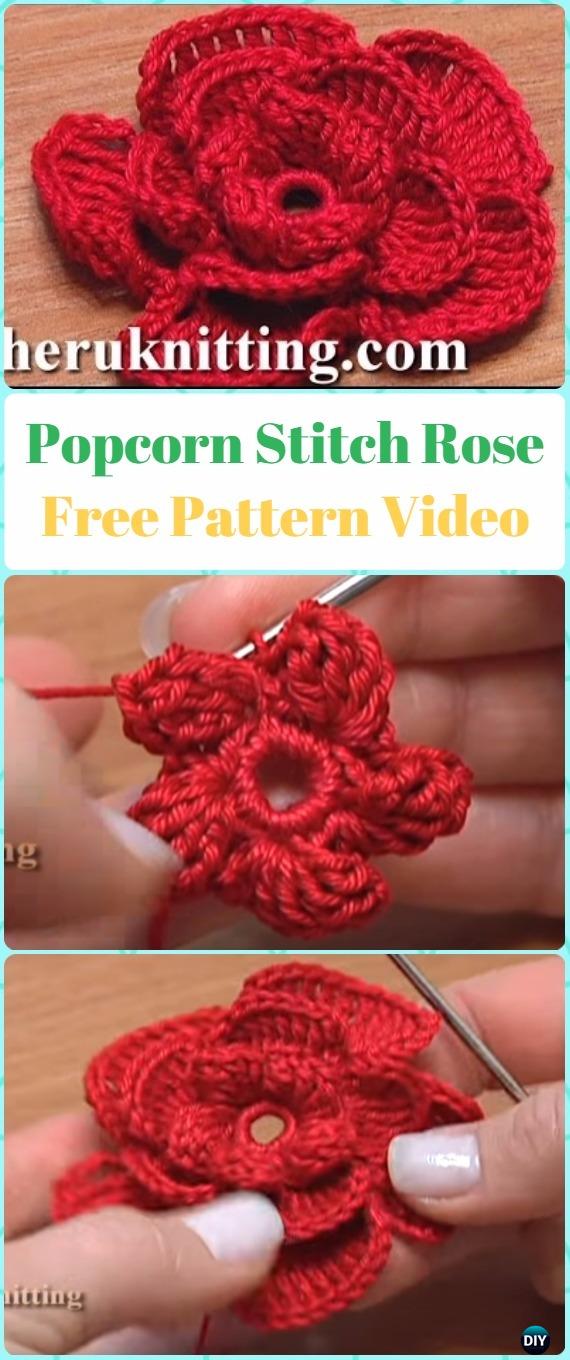 Crochet Popcorn Stitch Rose Flower Free Pattern Video - Crochet 3D Rose Flower Free Patterns • DIY How To Crochet Popcorn Stitch Rose Flower Free Pattern Video - Crochet 3D Rose Flower Free Patterns • DIY How To