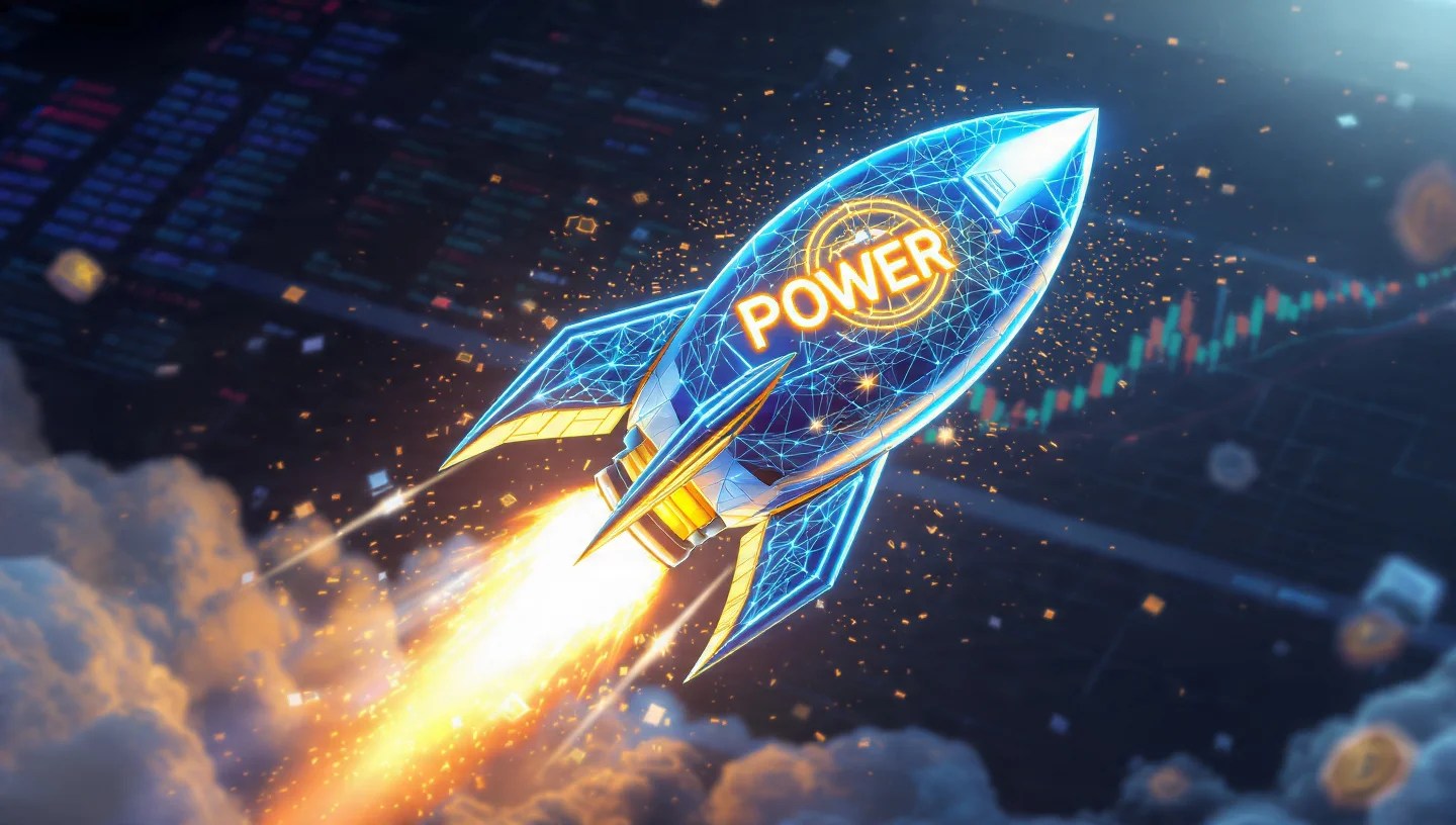 Digital rocket launching above blockchain nodes with POWER token glowing, representing Binance listing surge