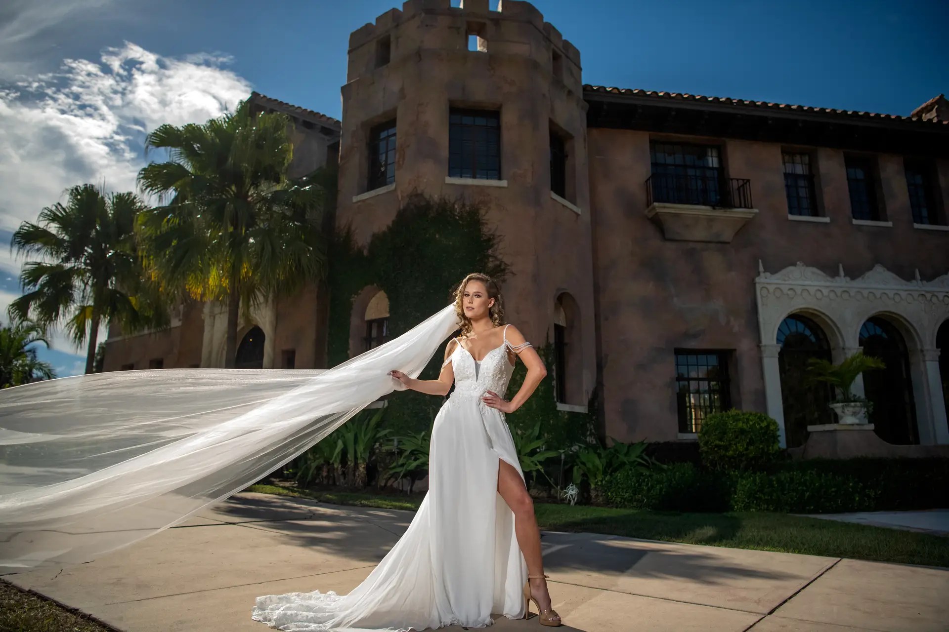 Luxury Wedding Bride Posing In Front Of The Historic Howey Mansion
