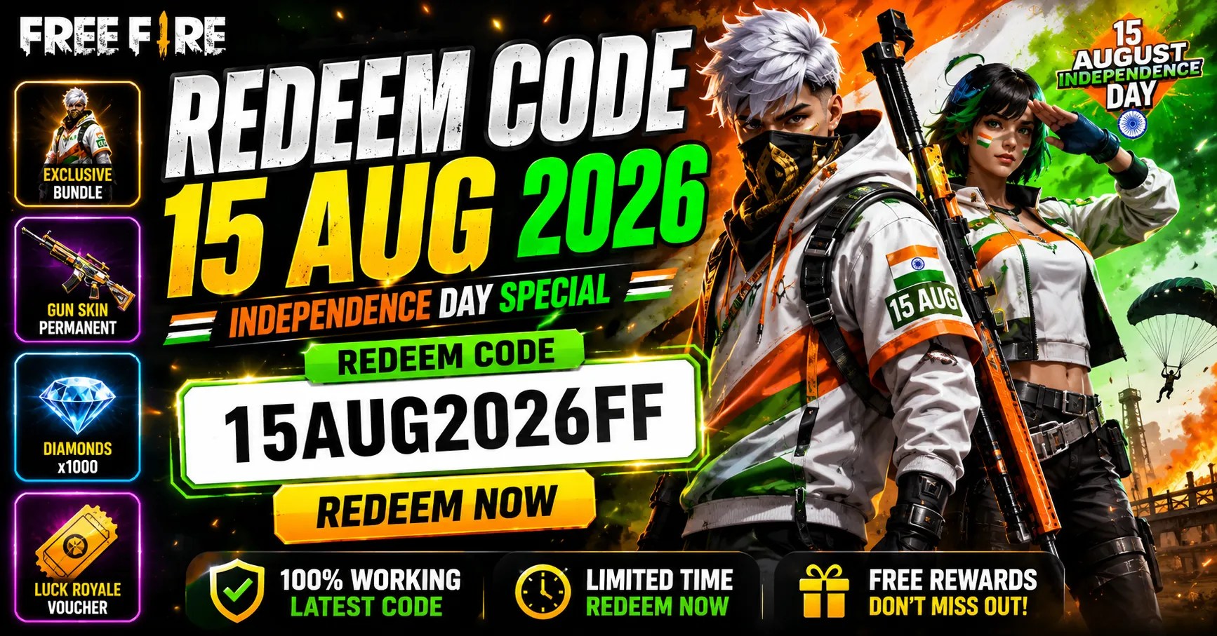 Free Fire Redeem Code 15 Aug 2026