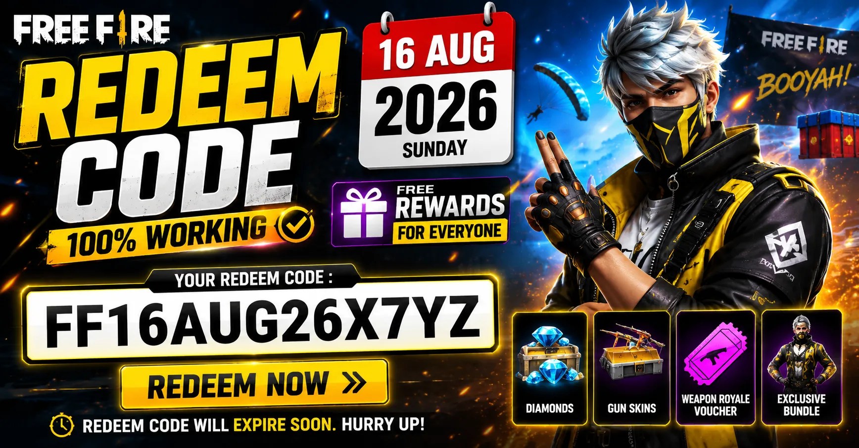 Free Fire Redeem Code 16 Aug 2026