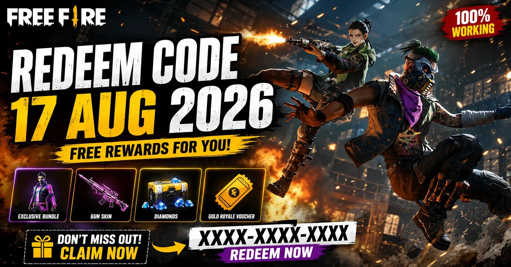 Free Fire Redeem Code 17 Aug 2026