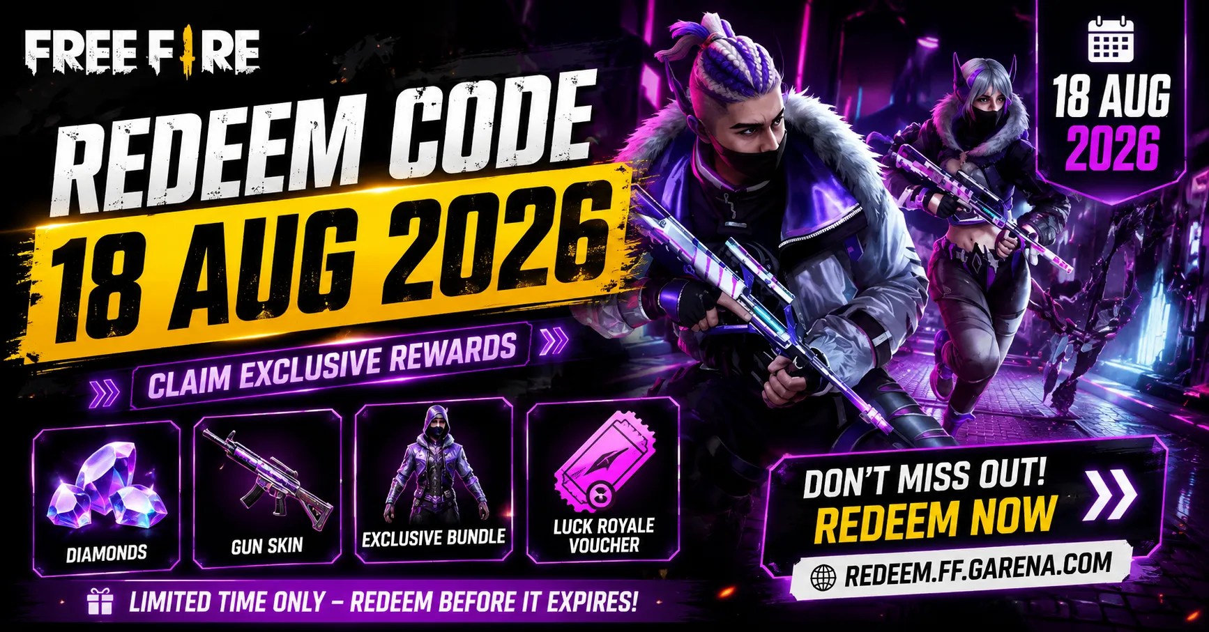 Free Fire Redeem Code 18 Aug 2026