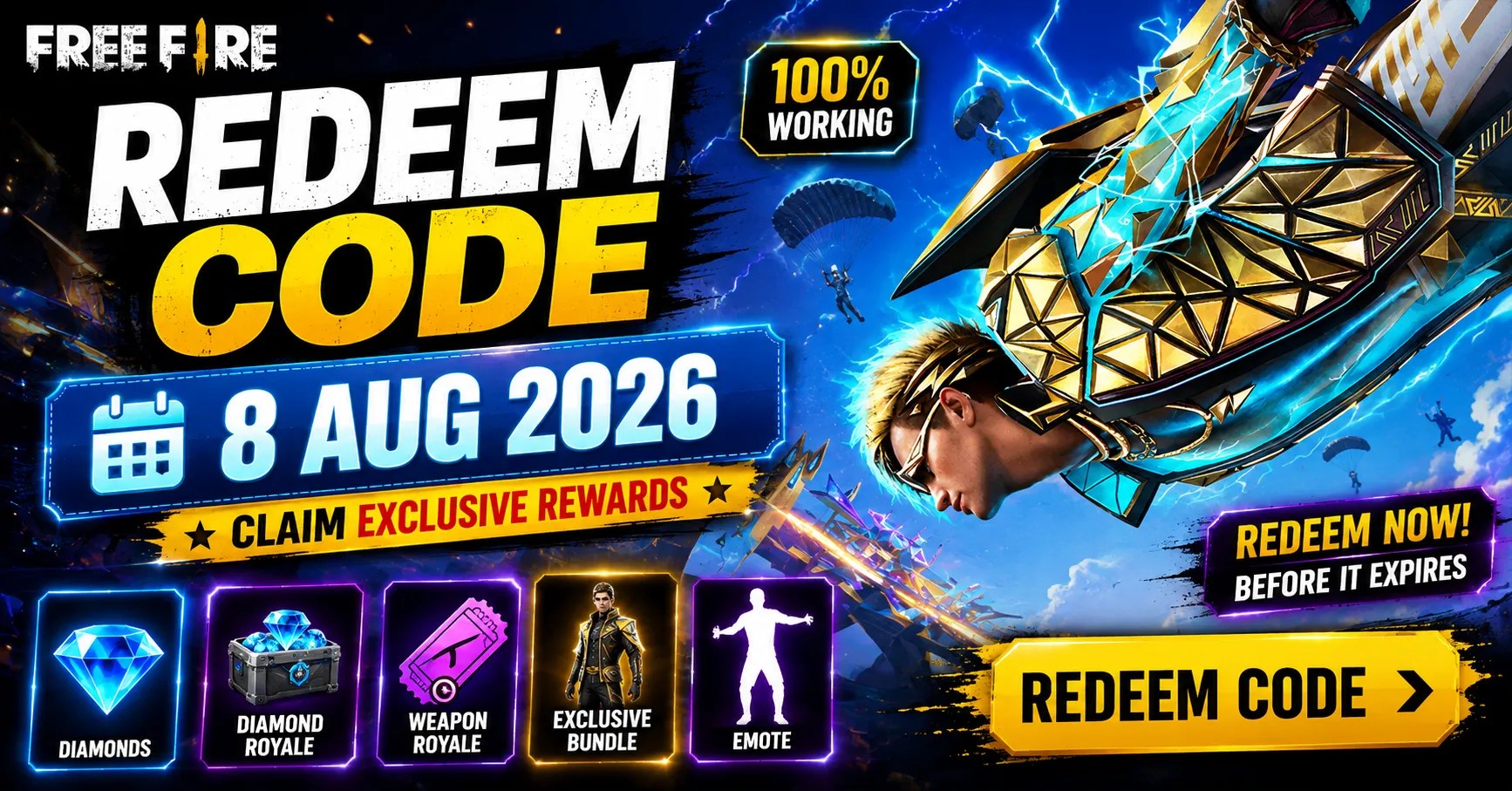 Free Fire Redeem Code 8 Aug 2026
