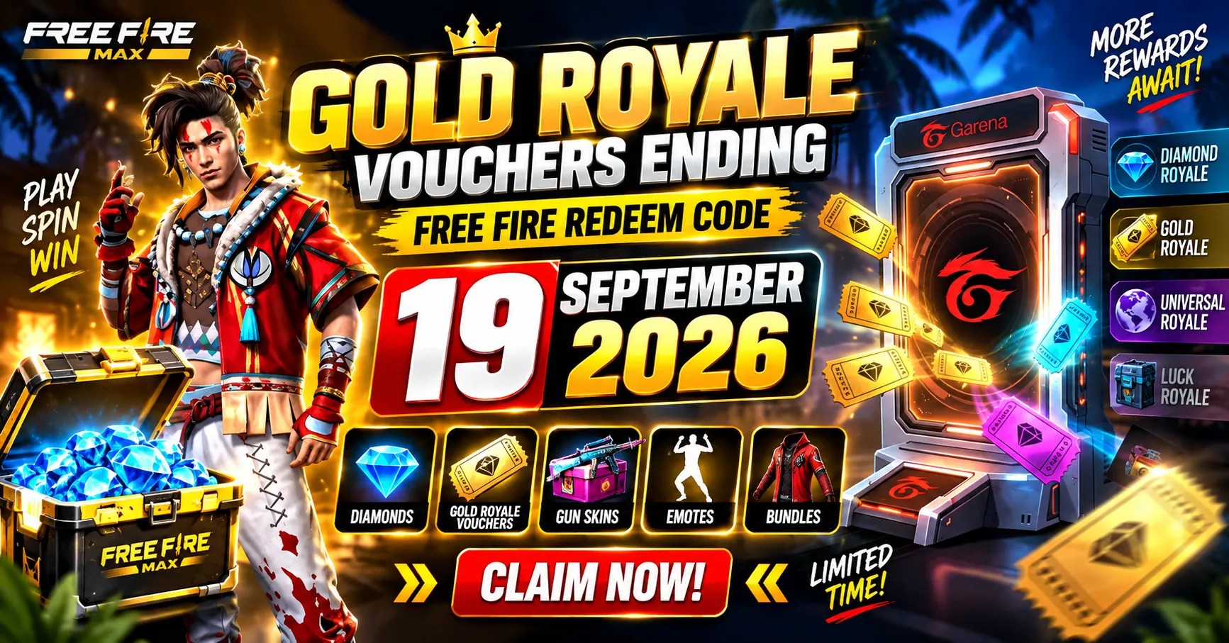 Create neat and clean Blog Thumbnail Size 1200x628, Video Title "Free Fire Redeem Code 16 September 2026"