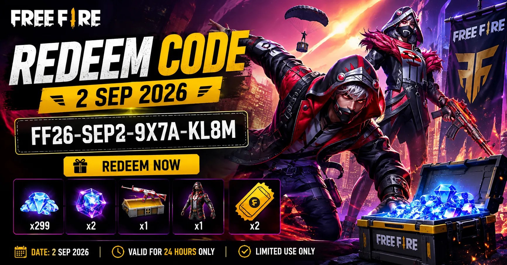 Free Fire Redeem Code 2 Sep 2026