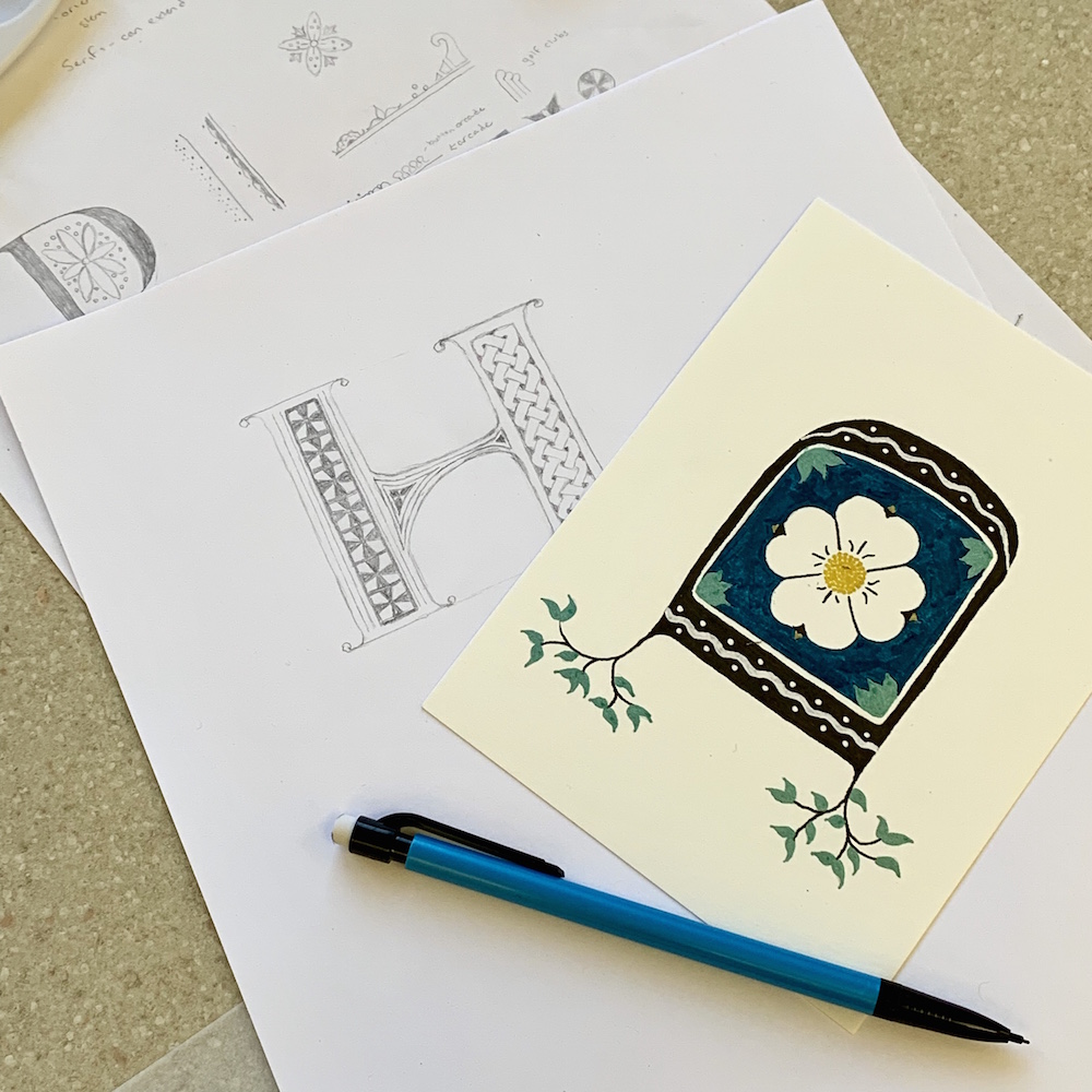 Sketches and one mostly decorated letter. (D for Dogwood)