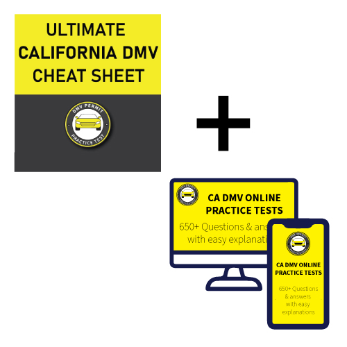 California DMV Cheat Sheet and online practice test bundle for permit exam prep with study shortcuts and real DMV-style questions