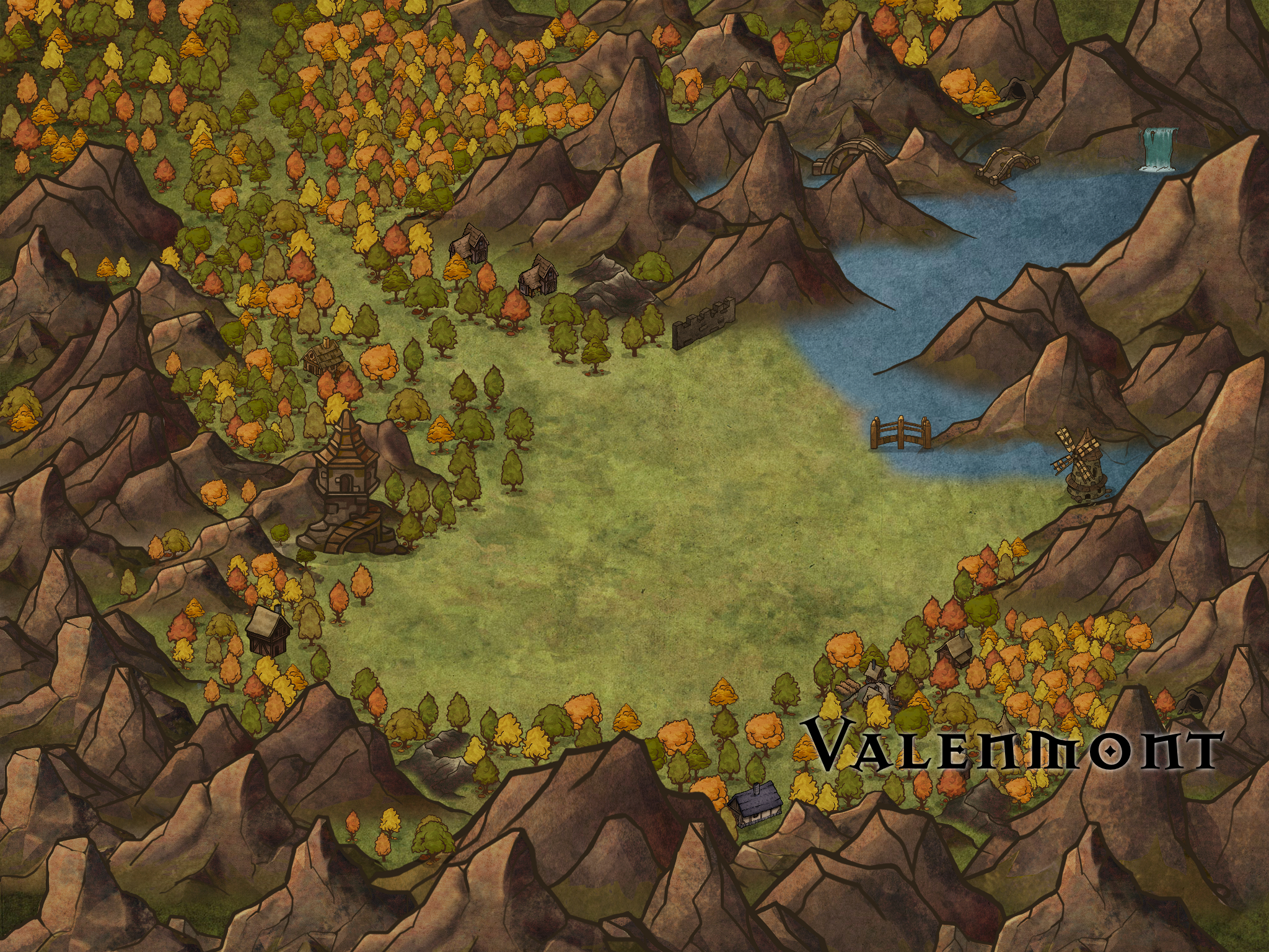 Fantasy map of a small estate surrounded by mountains and a lake.