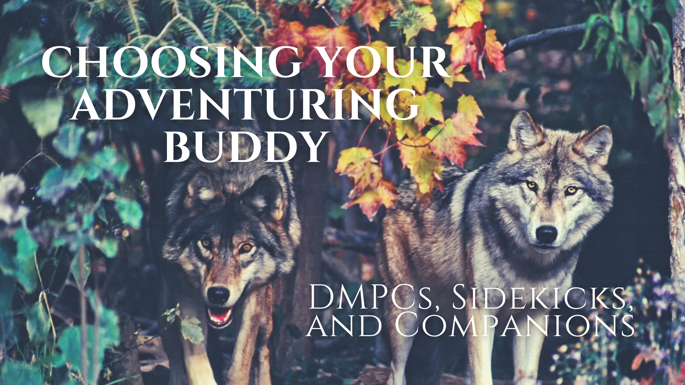 picture of two wolves with text overlay that reads Choosing Your Adventuring Buddy, DMPCs, sidekicks, and companions