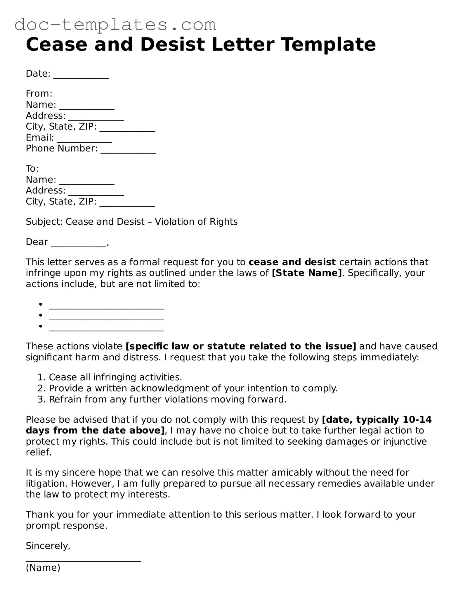 Free cease and desist letter forms