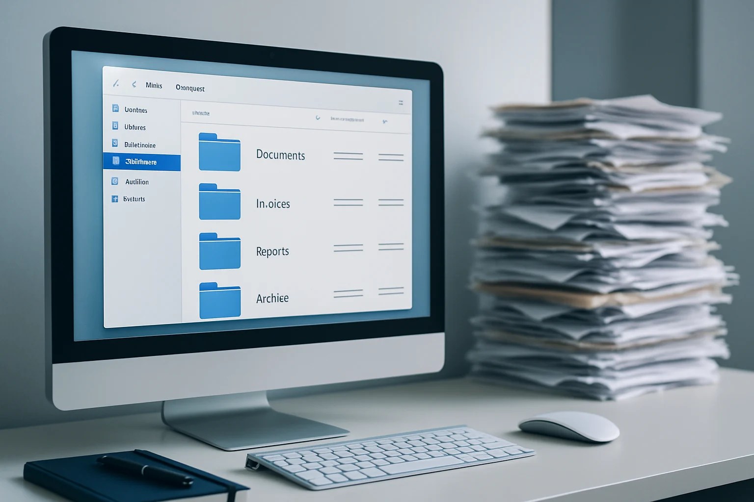 Minimalist paperless office with a desktop monitor displaying a digital file management interface.