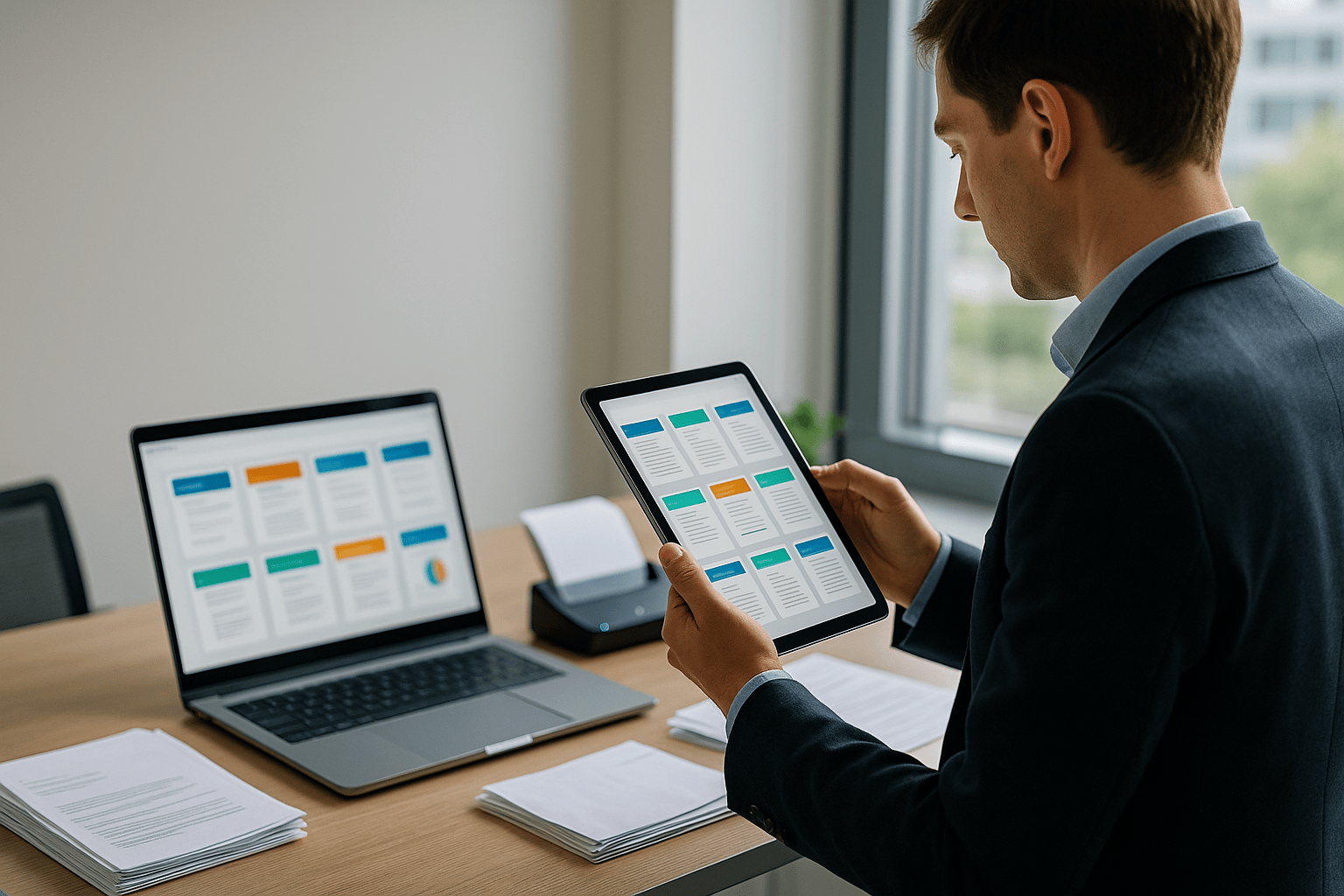 A business professional reviews colourful digital document thumbnails on a tablet while a laptop beside him displays the same files in a bright, modern office.