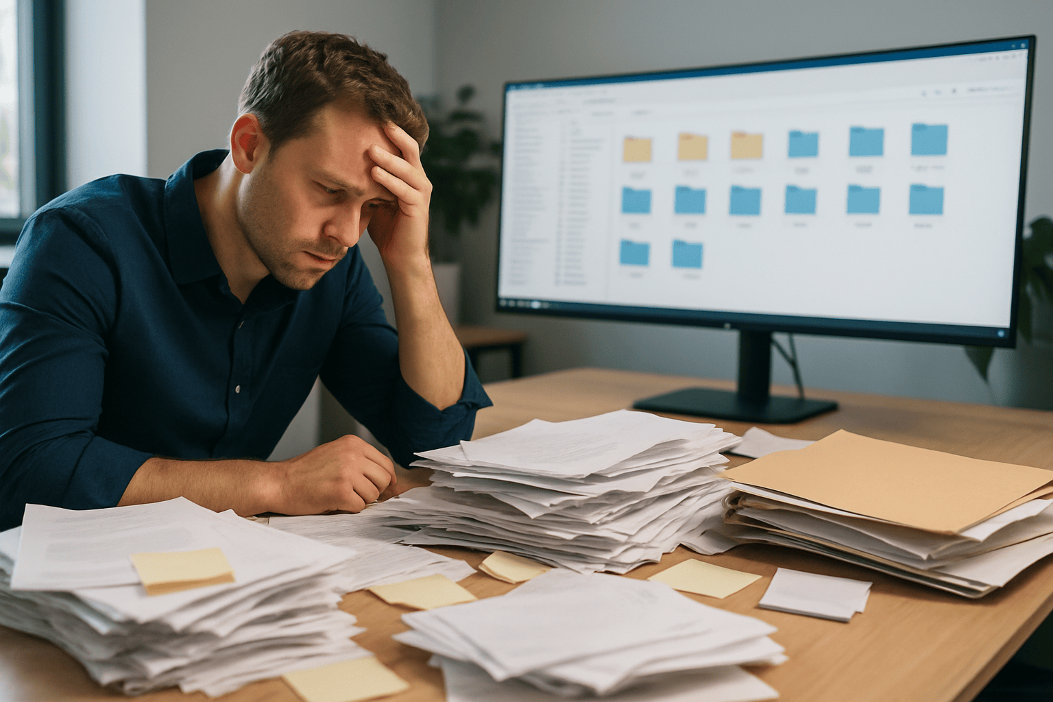 Stressed man in modern office surrounded by messy paper stacks, gazing at a monitor of neatly organised digital folders.