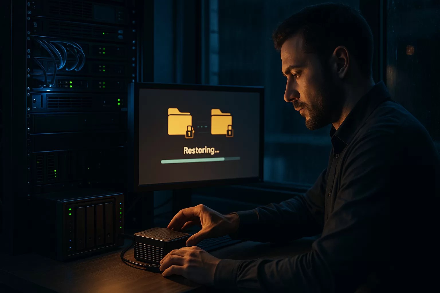 IT professional restoring documents in a secure server room, illustrating disaster recovery and ransomware-resilient backups.