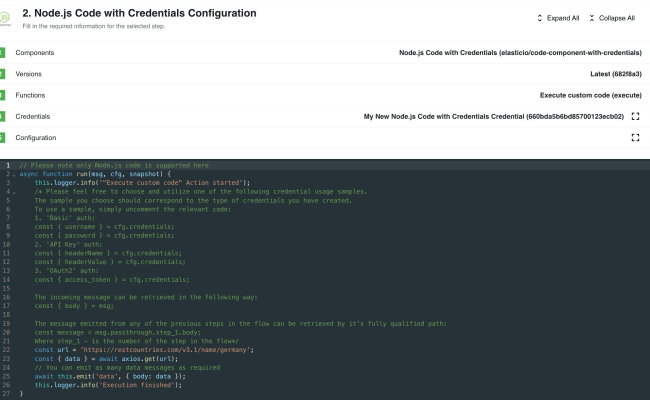 Elastic.io Documentation | Code Component With Credentials