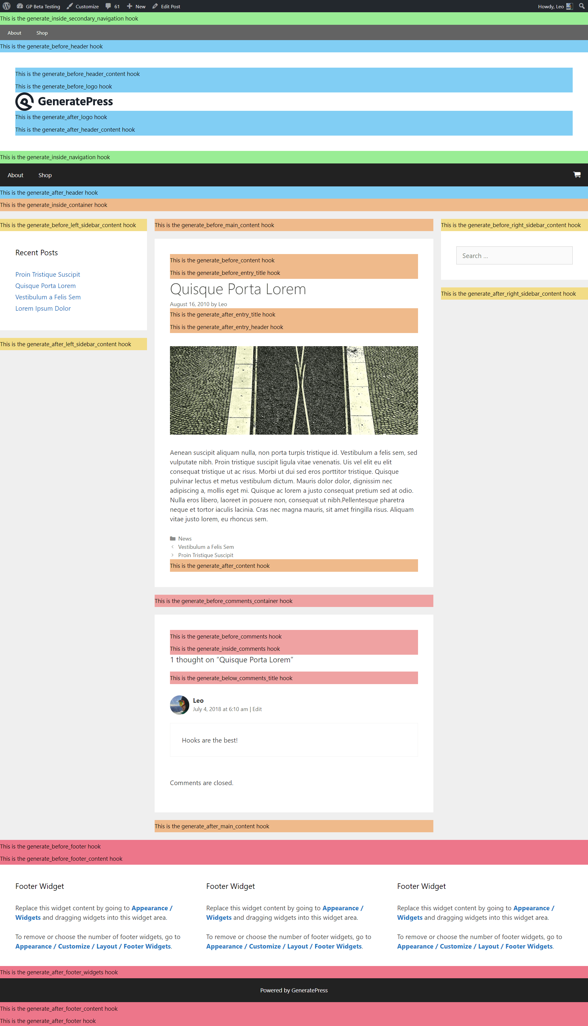Action and filter hooks at specific places in the wordpress page generation process. Hooks Visual Guide Documentation